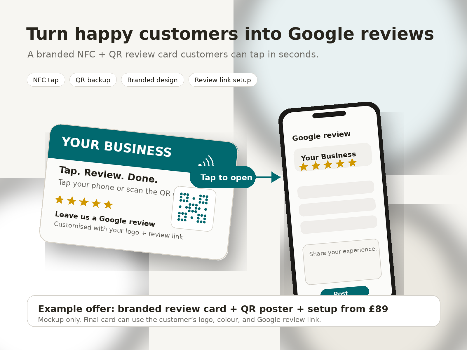 Mockup of a black Google review NFC tap card