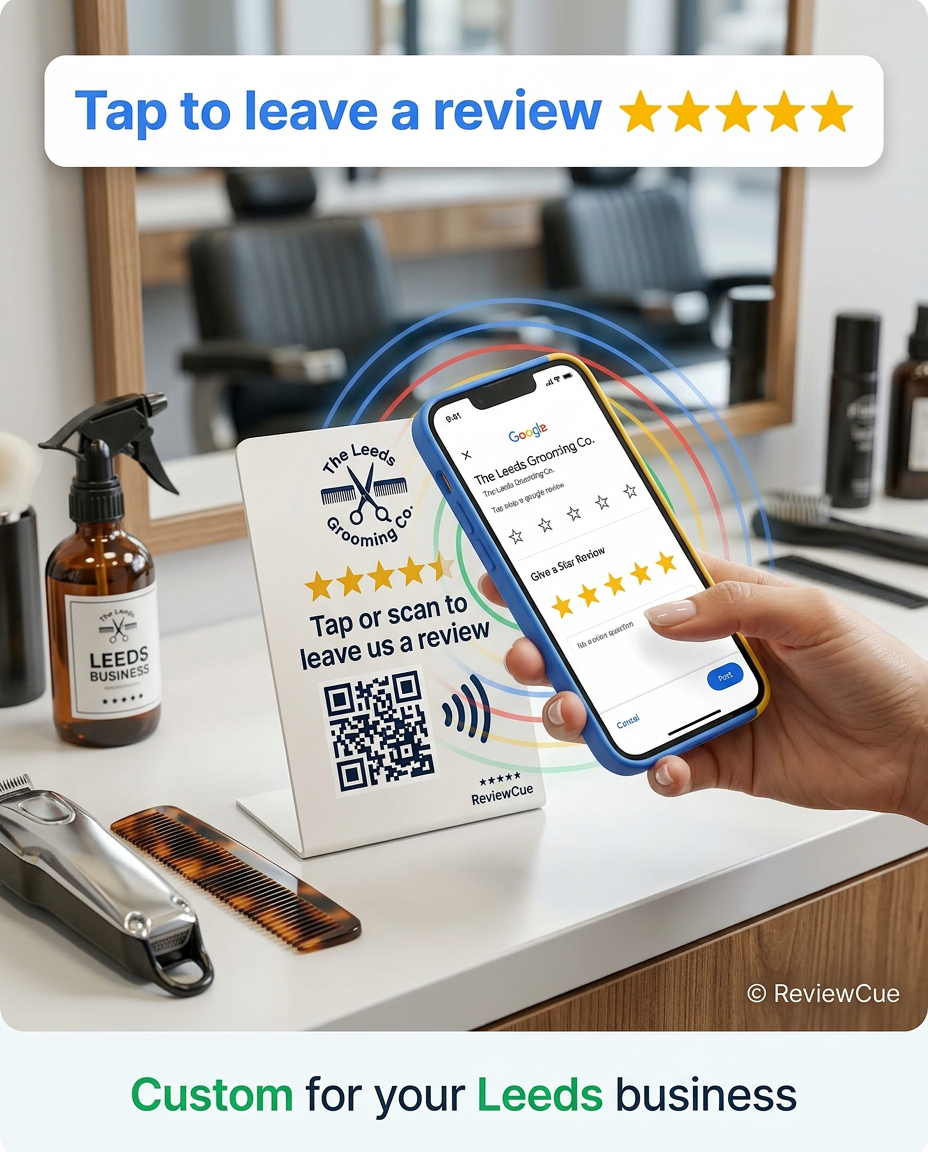 Google review card on a Leeds barber counter