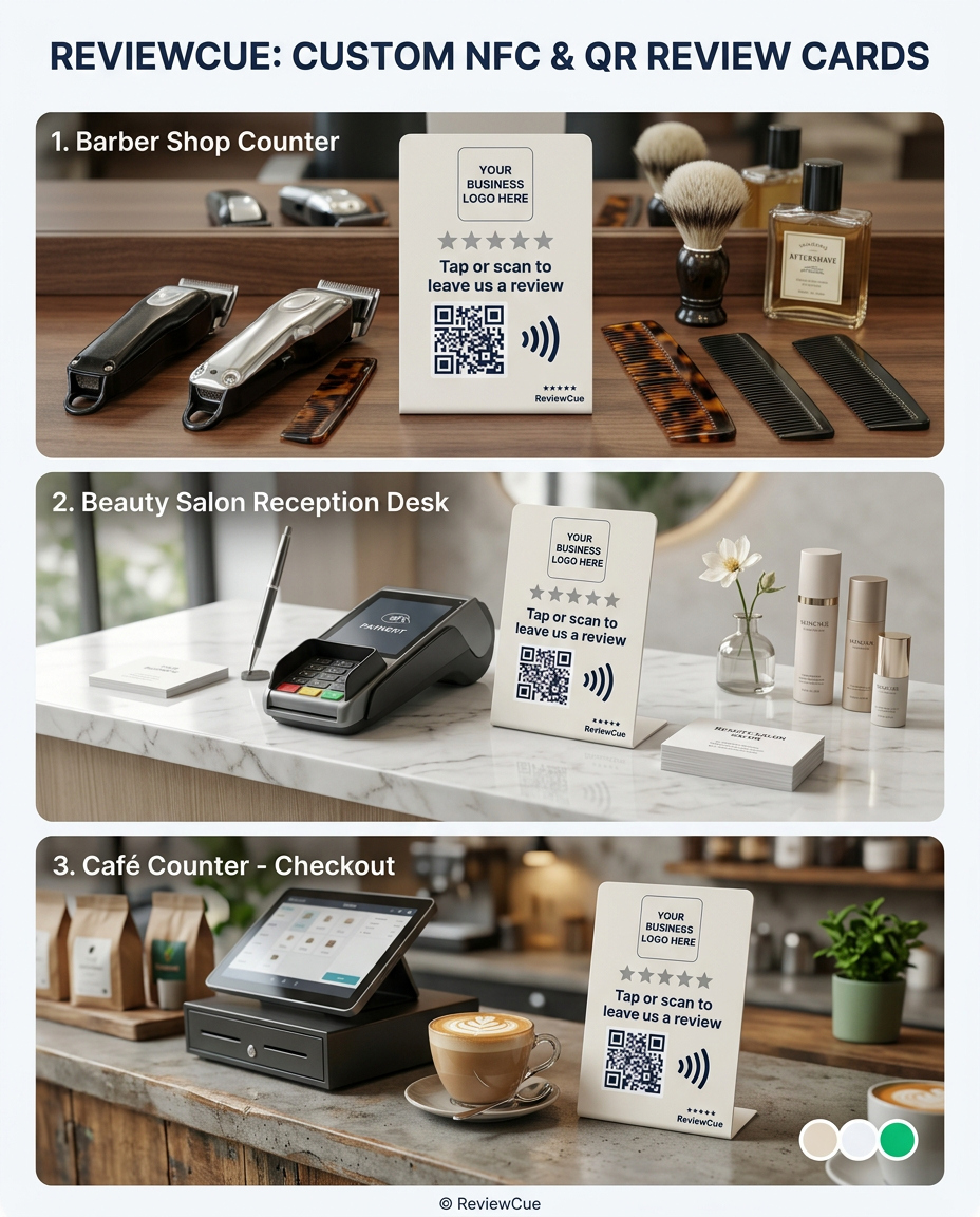 Review card examples for a barber shop, beauty salon and café