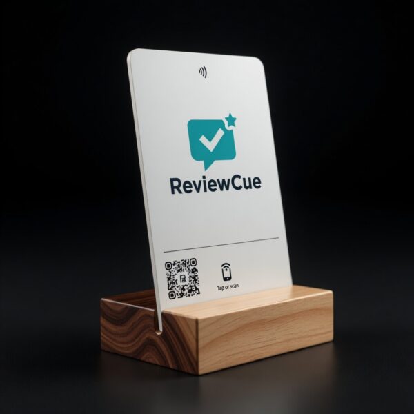 ReviewCue branded NFC review card in wooden stand on black background