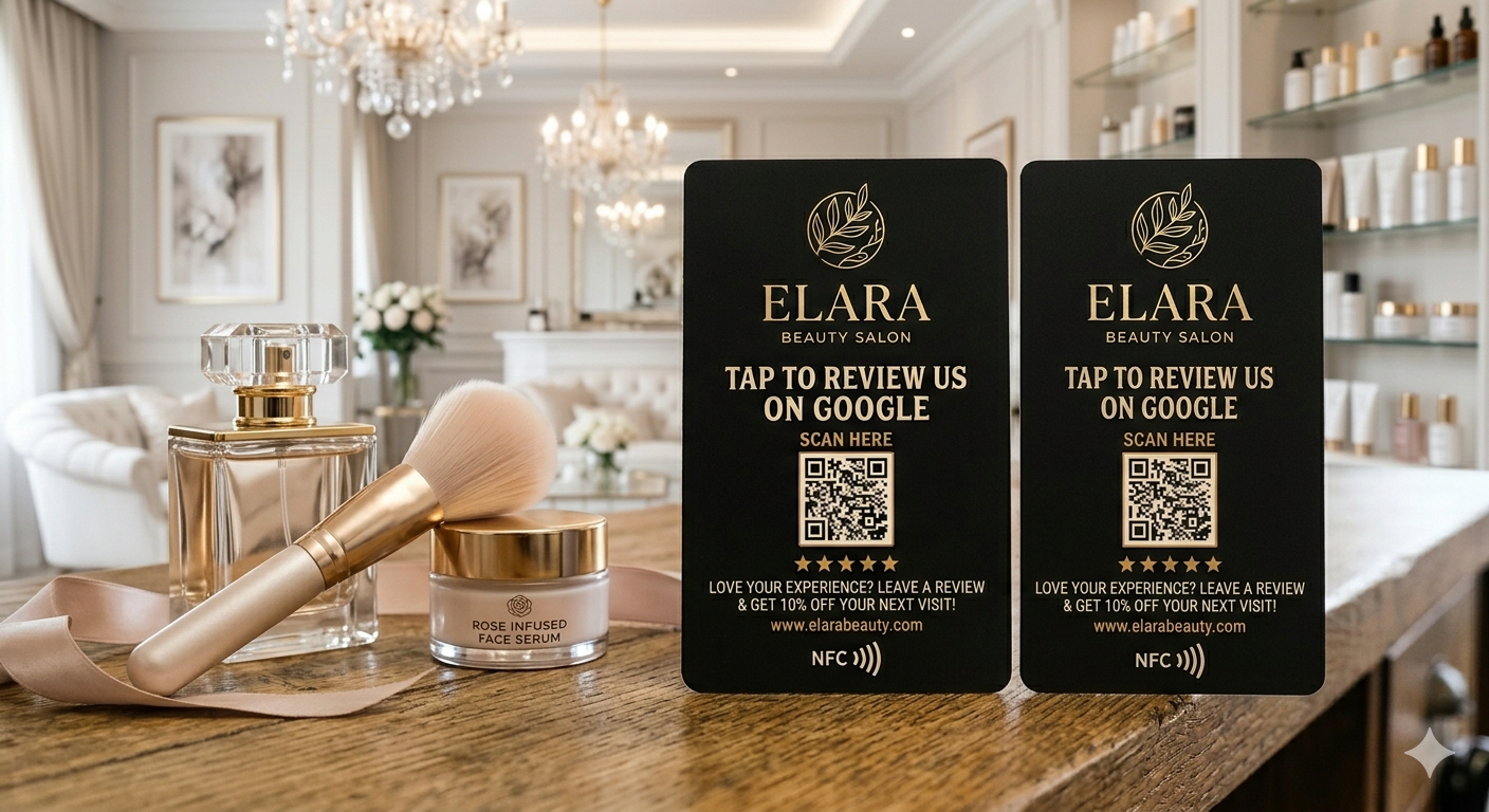 Elara Beauty Salon branded NFC review card on a salon counter