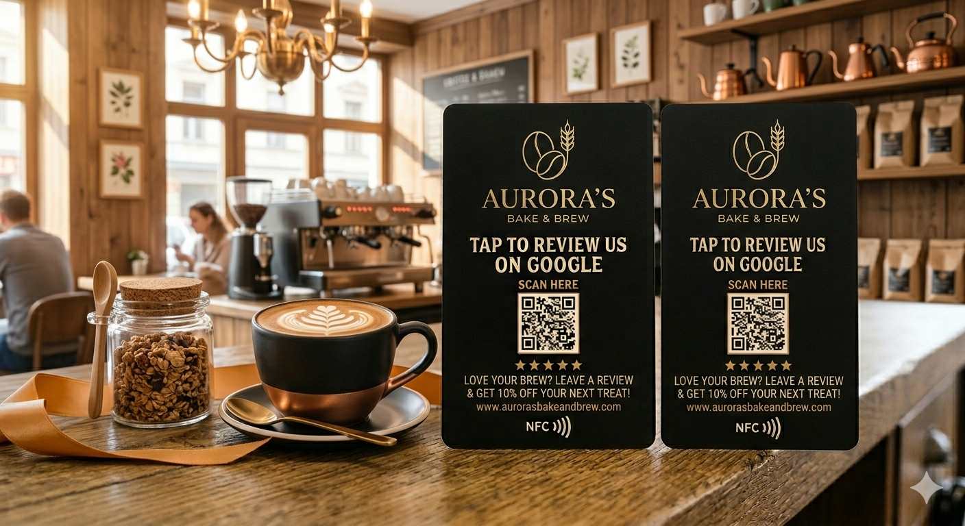 Aurora's Bake & Brew branded NFC review card on a café counter