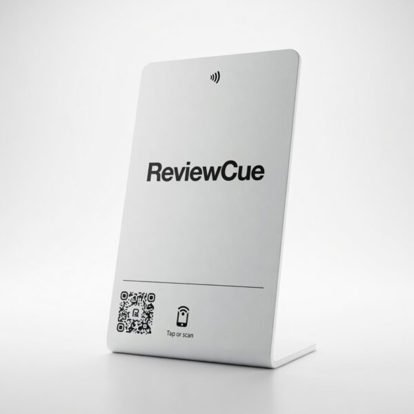 ReviewCue NFC review card in white stand on grey background