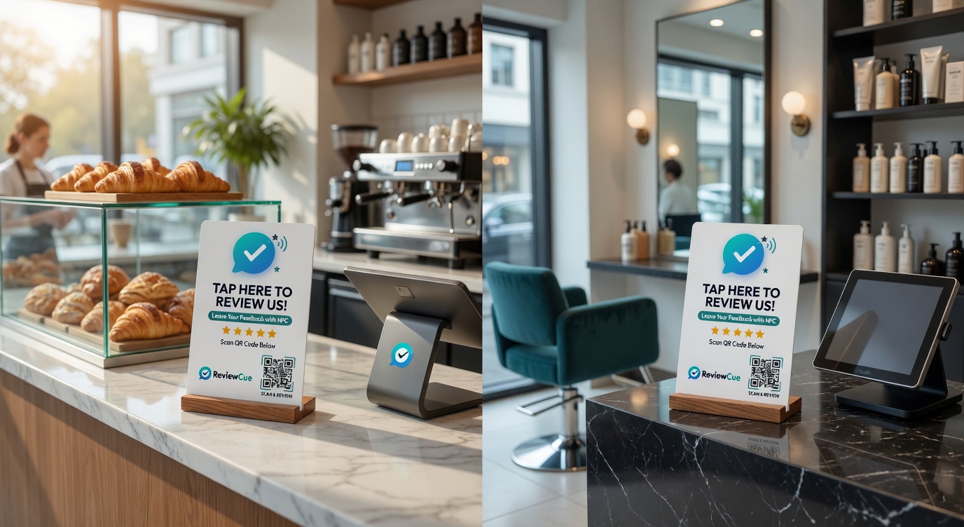 ReviewCue tap to review card displayed at cafe and hair salon counters