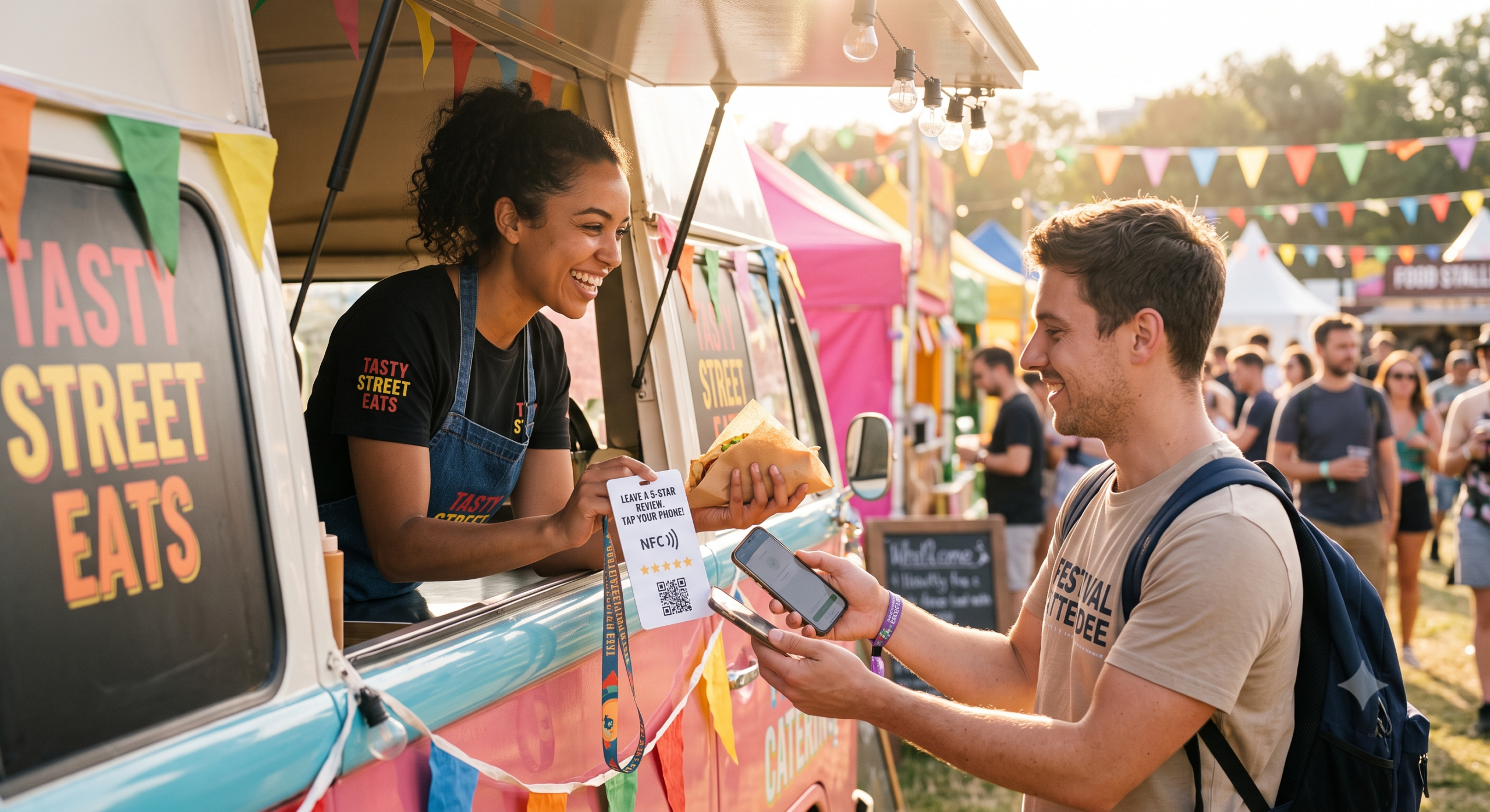 A food truck customer scanning an NFC review card on a lanyard while collecting their order at the counter
