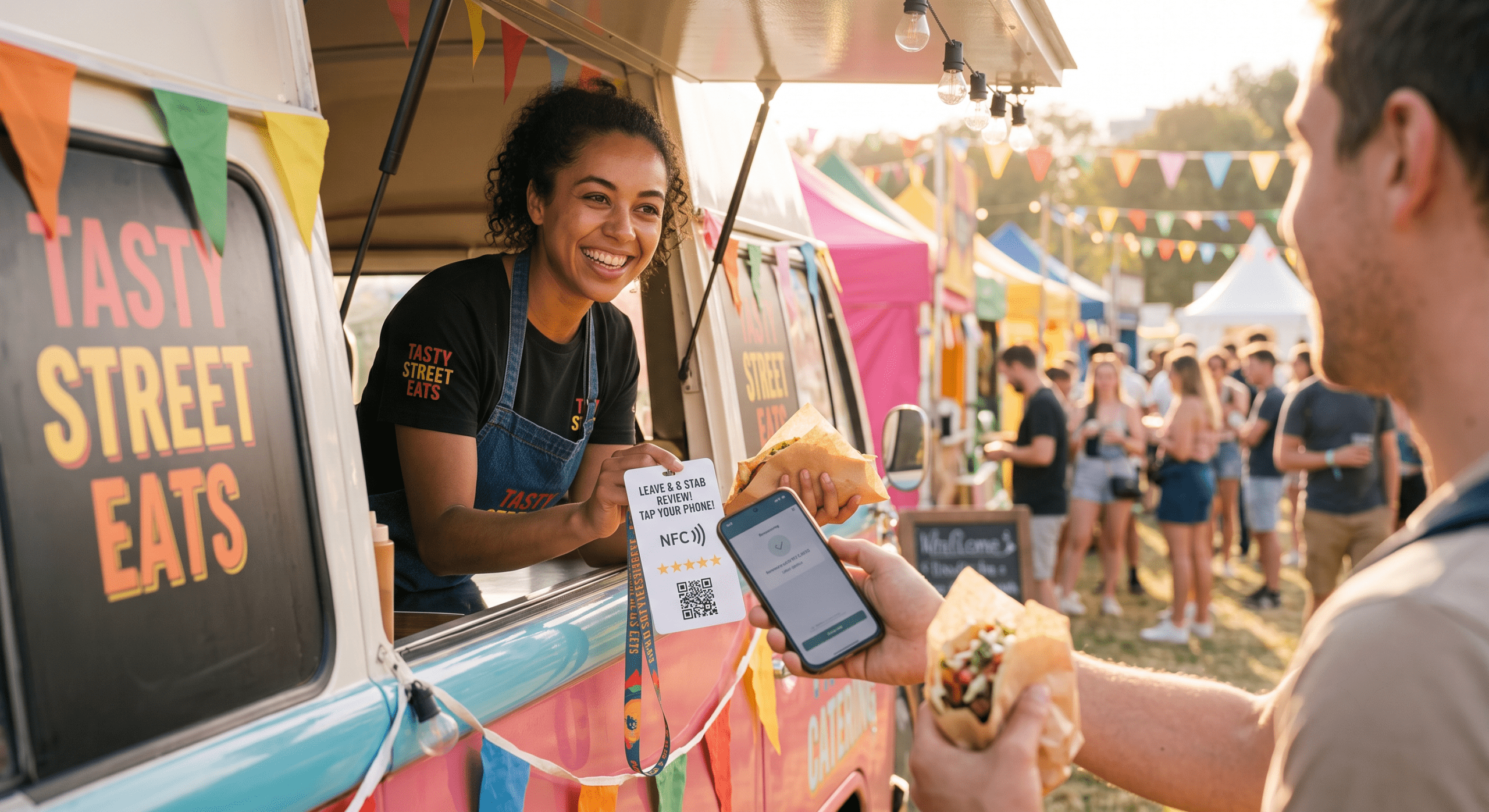 A customer tapping their phone on an NFC leave a review card handed to them by a food truck server at a festival, with a fresh 5-star review appearing on screen