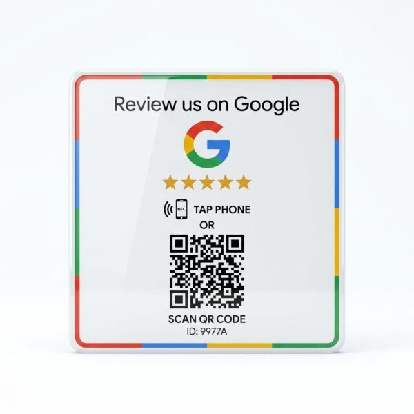 Close-up of NFC tap-to-review table sticker showing Google 5-star rating design
