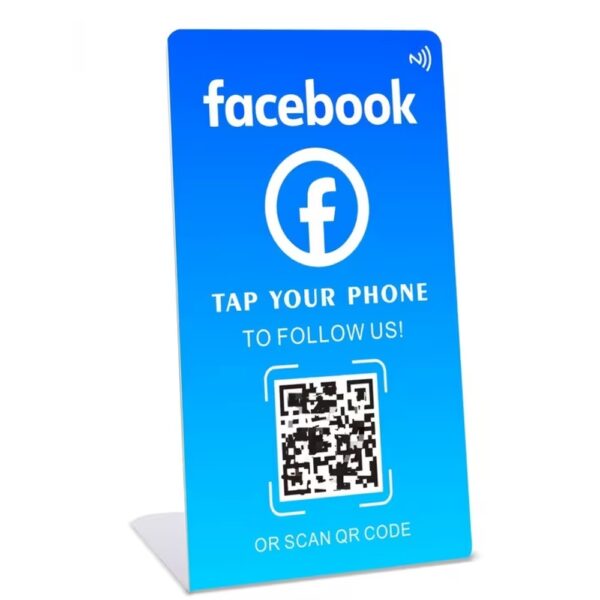 Facebook NFC follow stand on a shop counter, tap your phone to follow us with QR code backup