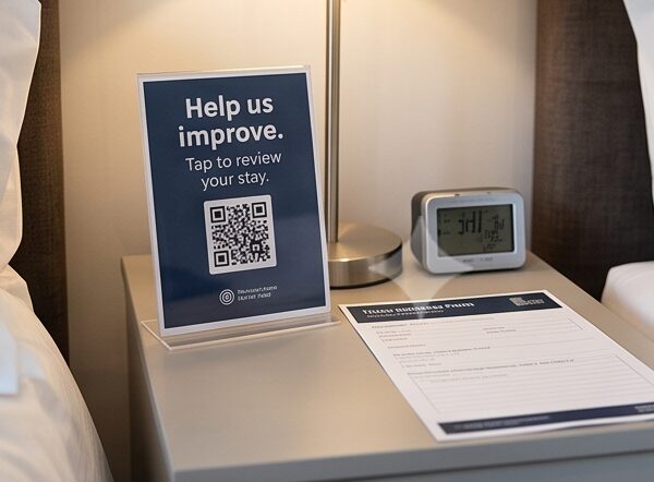 Branded Help us improve tap to review card on a holiday let bedside table