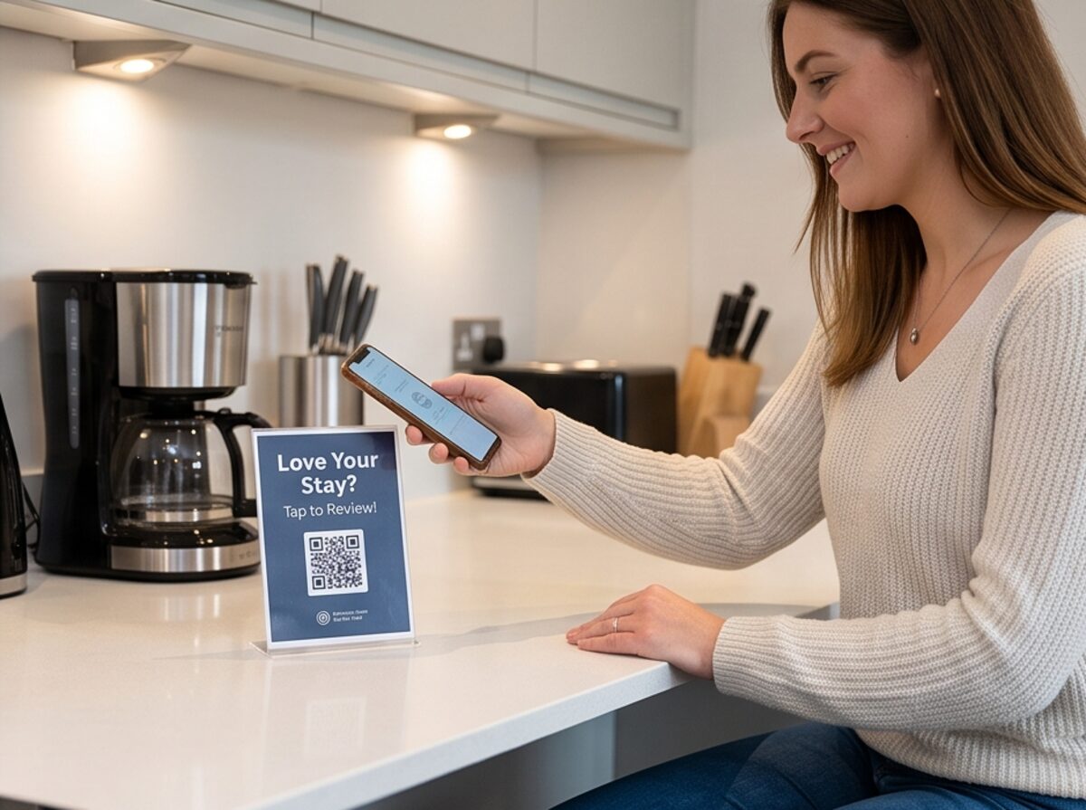 Holiday let living room with a scan to review card on the table
