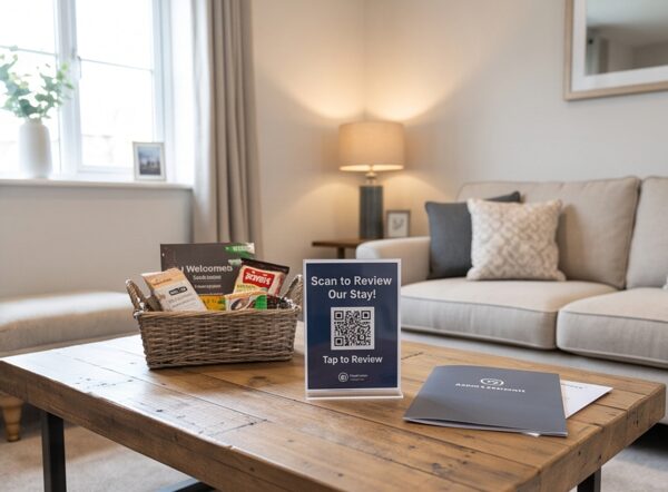 Guest scanning a Love Your Stay tap to review card on a holiday let kitchen worktop