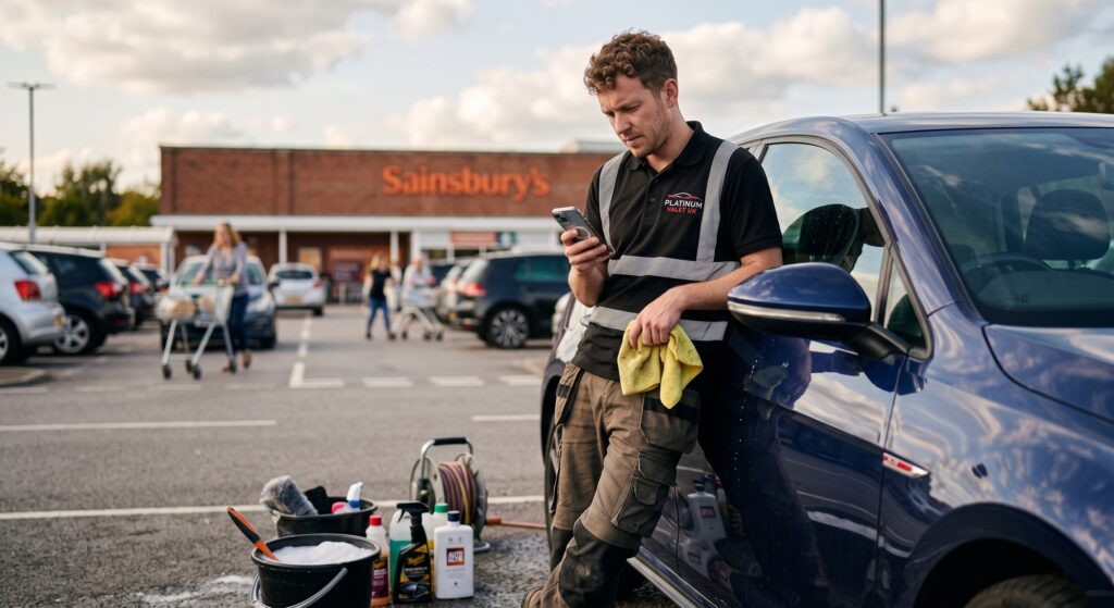 Car valeting technician checking bookings on his phone beside a freshly cleaned car in a supermarket car park