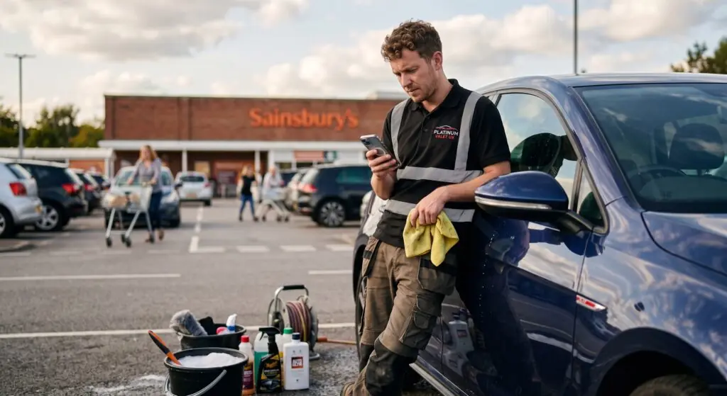 Car valeting technician checking bookings on his phone beside a freshly cleaned car in a supermarket car park