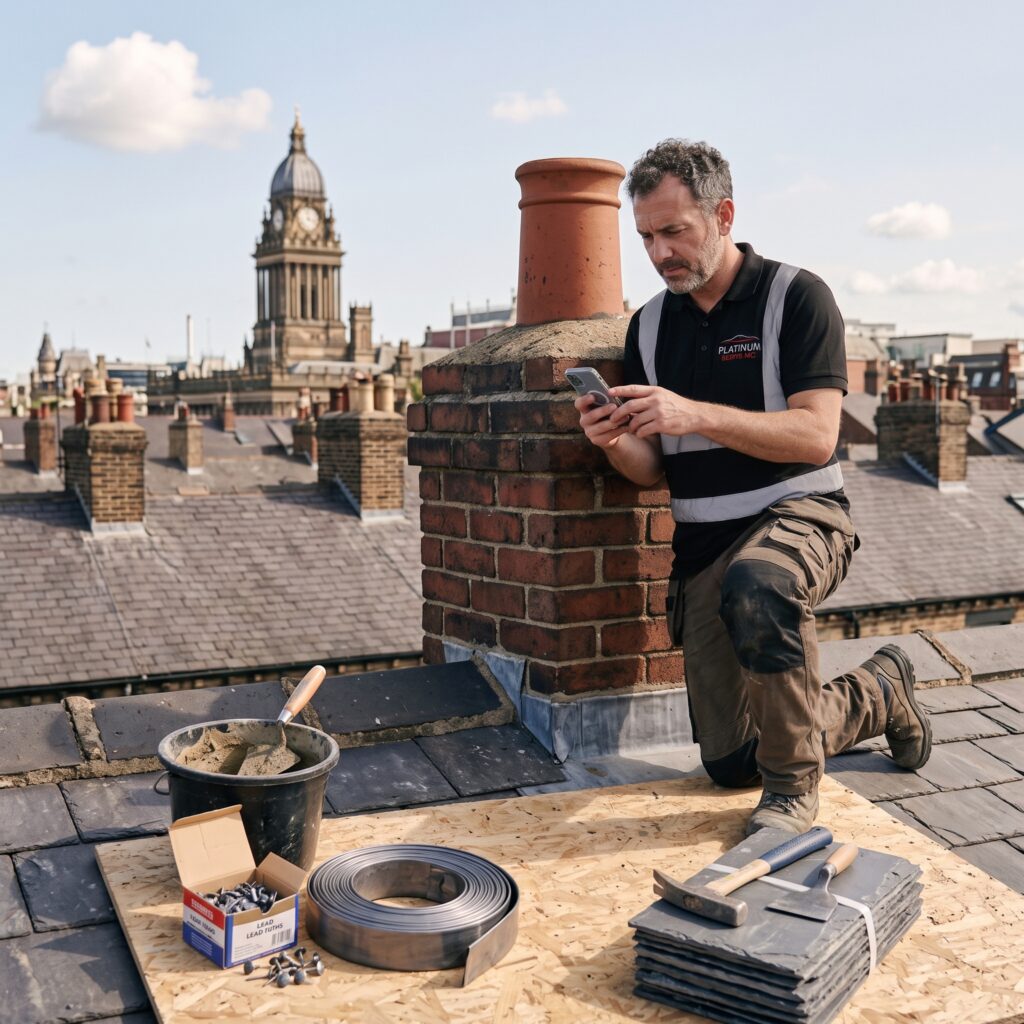 Roofer checking a phone message while working on a rooftop