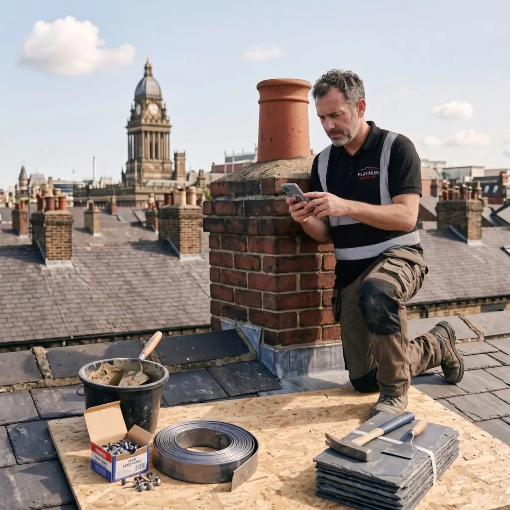 Roofer checking a phone message while working on a rooftop