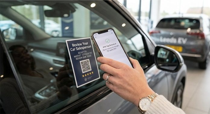 Branded review your car salesperson card displayed on a car window at a dealership