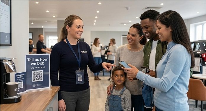 Dealership handover with a family being shown a tell us how we did review stand