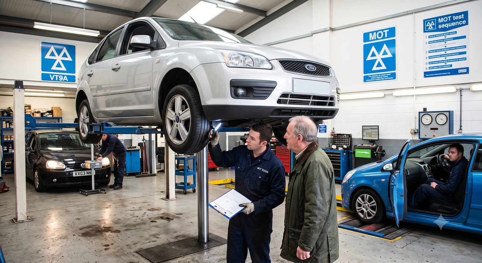 Independent MOT test centre with a car raised on a ramp and a technician talking a customer through the inspection