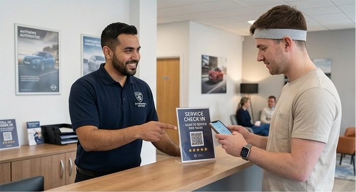 Garage service advisor showing a customer a review card