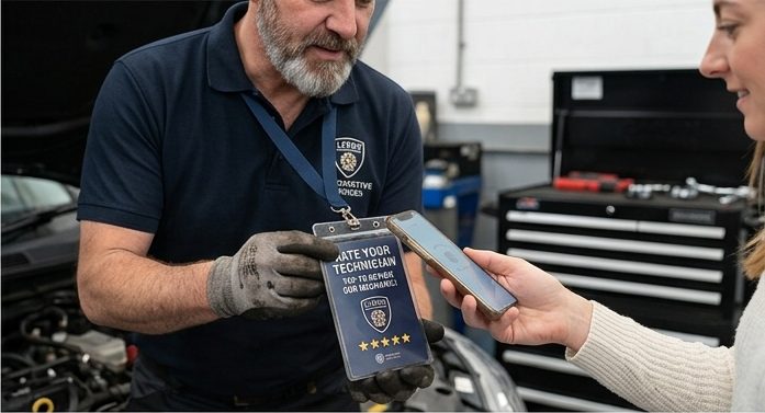 Mechanic holding a rate your technician review card while a customer taps it with their phone