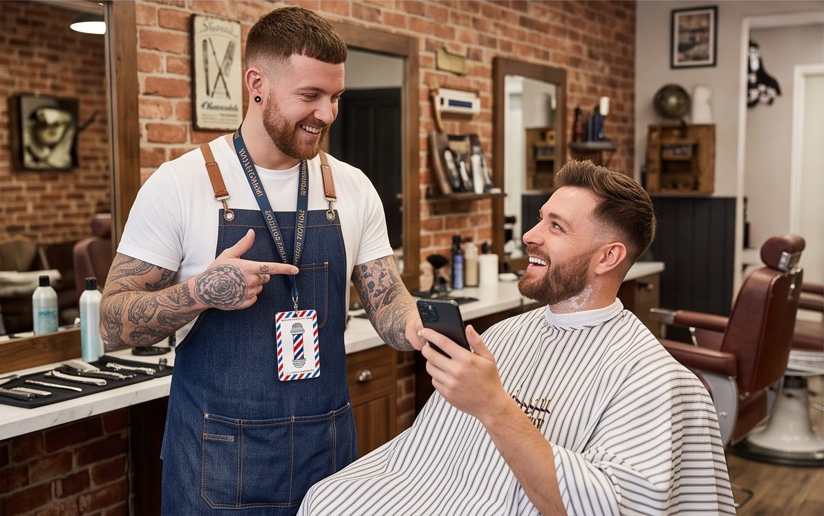 Barber showing a client a ReviewCue review card while the client is still in the barber chair