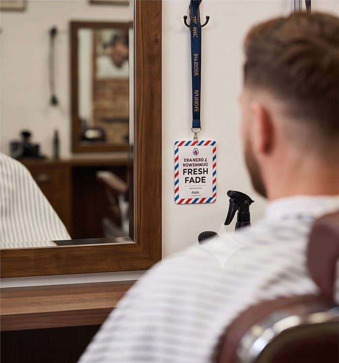 Branded tap-to-review card mounted on a barbershop mirror beside the styling chair