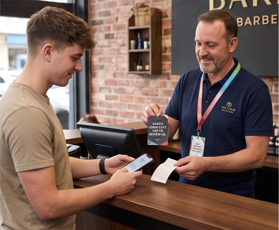 Barbershop reception desk with a client tapping a branded review card at checkout