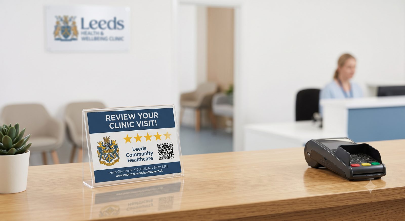Clinic reception desk with a branded review stand