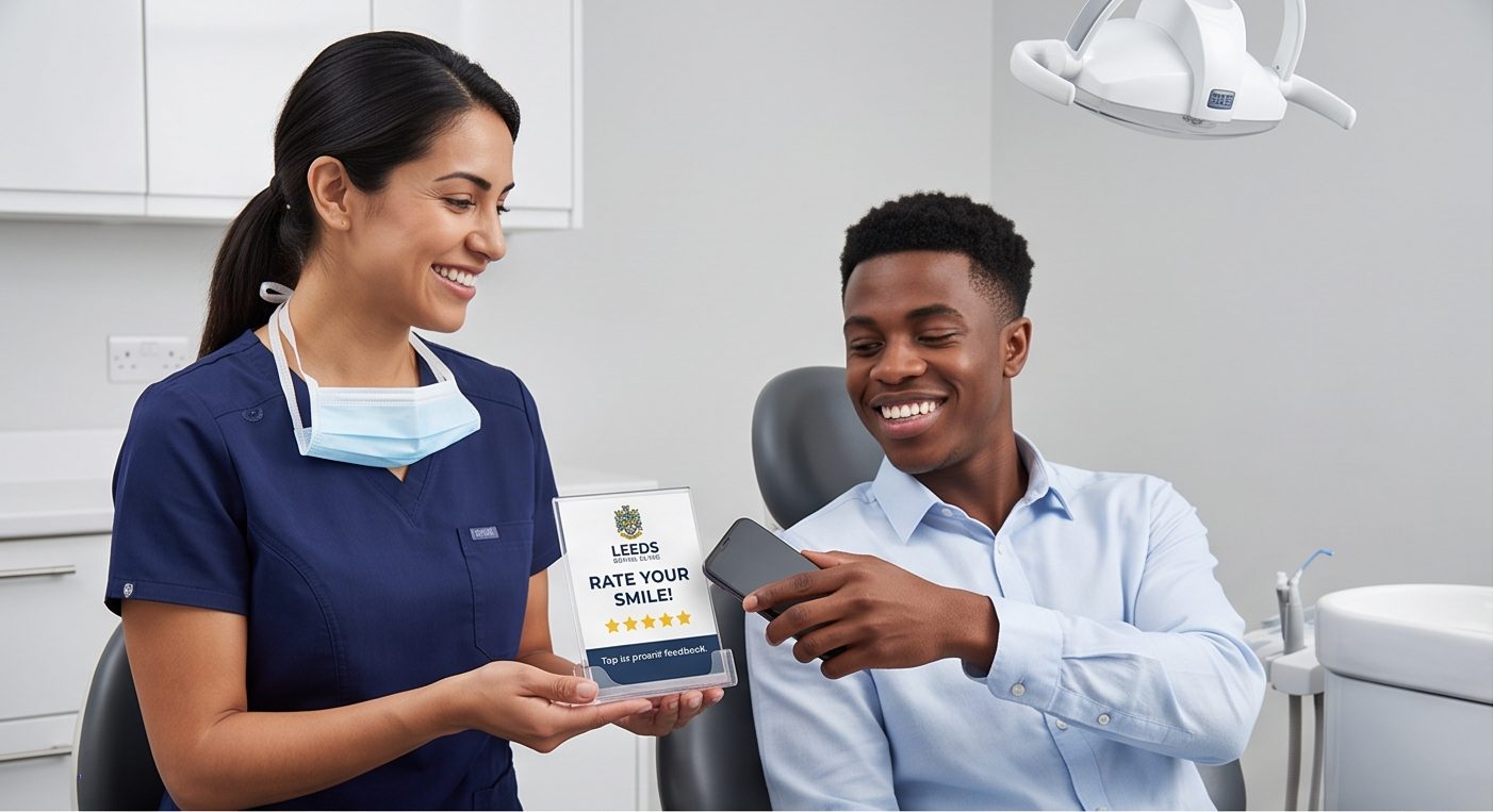 Dental clinician showing a patient a branded rate your smile review card in the treatment room