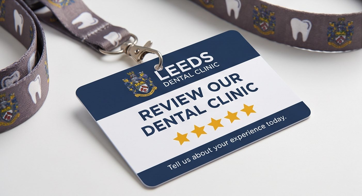 Branded dental clinic review lanyard card with a tooth-pattern strap