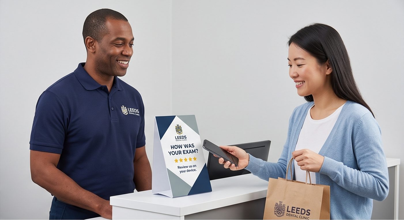 Dental practice reception handover with a patient tapping a branded review stand on the desk