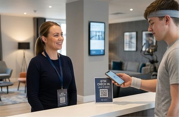 Gym receptionist greeting a member at check-in with a branded tap to review card on the desk