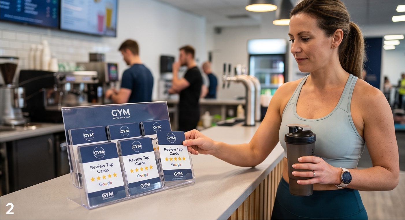 Gym juice bar counter with a branded display stand holding review tap cards