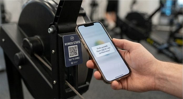 Close-up of a branded NFC review tag on a piece of gym equipment being tapped with a phone