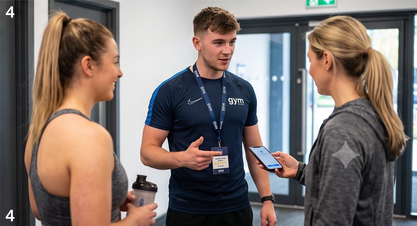 Personal trainer wearing a branded review lanyard while talking to two gym members