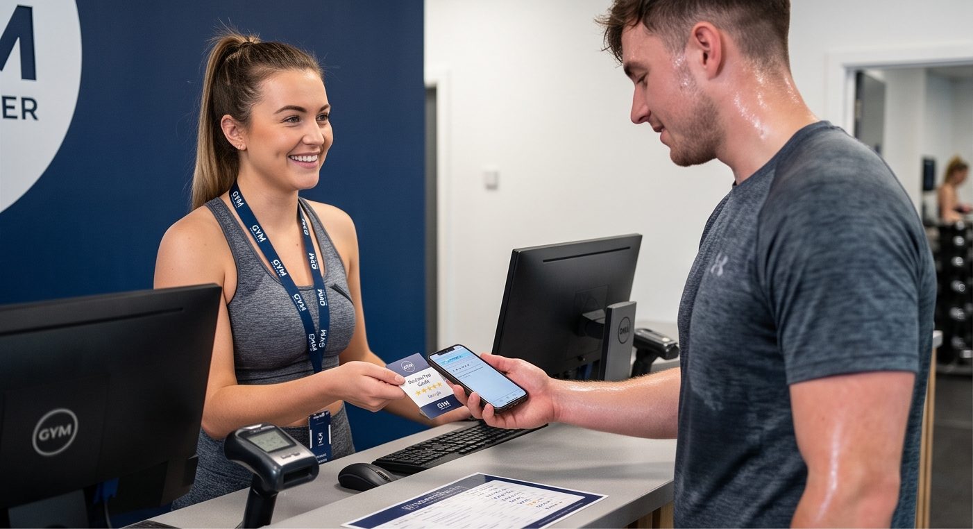 Gym reception desk with a member checking in and a branded ReviewCue card being tapped
