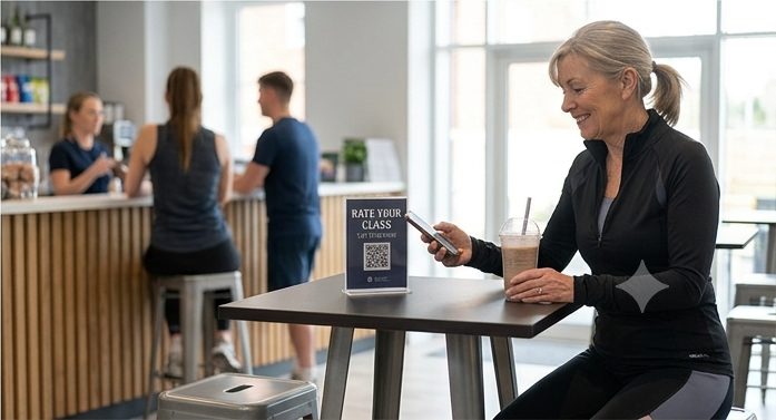Member seated at a gym café table with a rate your class review card and a smoothie