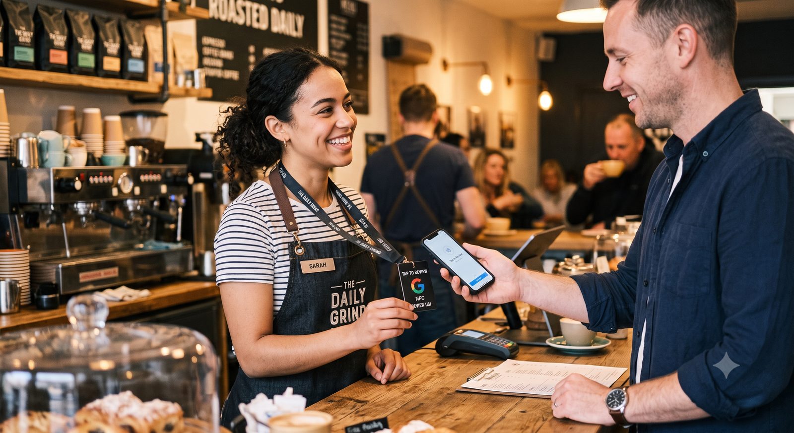 Barista with a branded review lanyard serving a customer