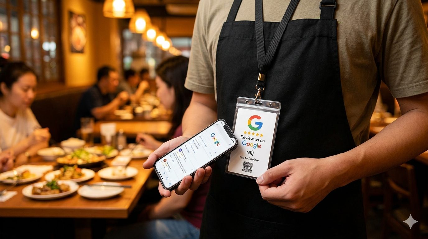 Restaurant server wearing a Google review lanyard card while a diner scans it with a phone