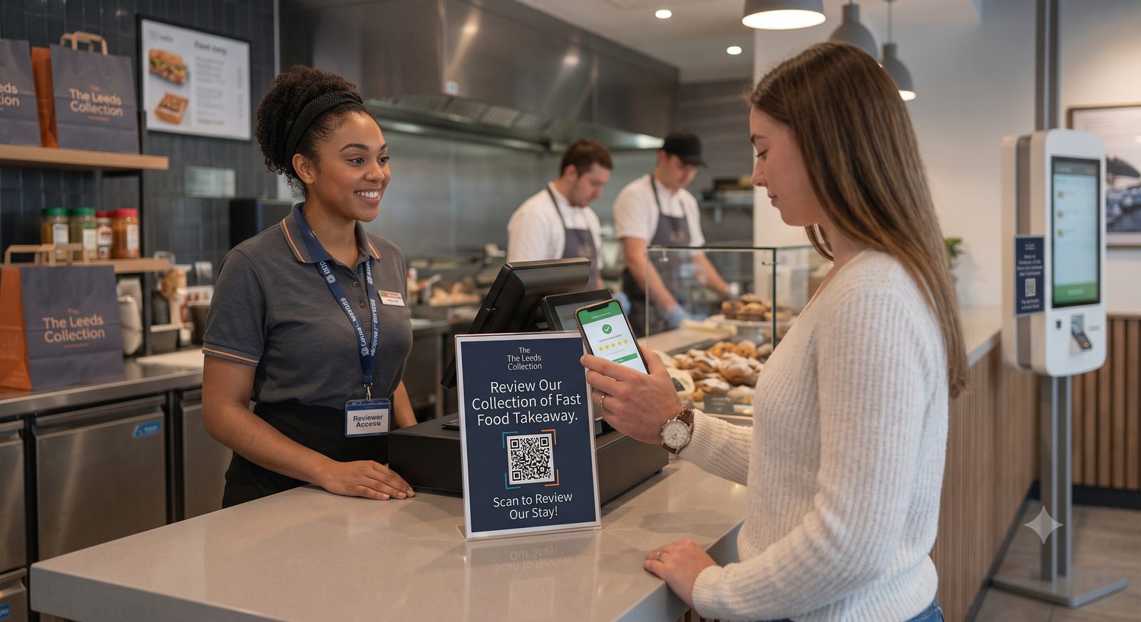 Takeaway counter with a branded scan-to-review stand beside the till as a customer taps their phone