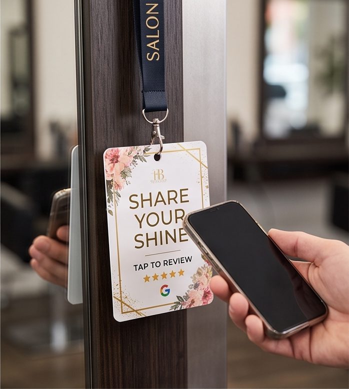 Close-up of a floral branded salon review lanyard card being tapped with a phone