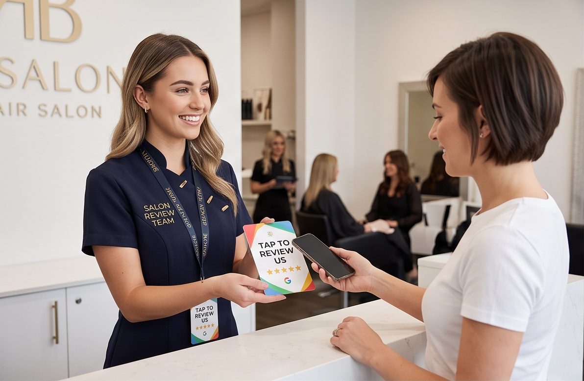Salon receptionist showing a branded review card to a client