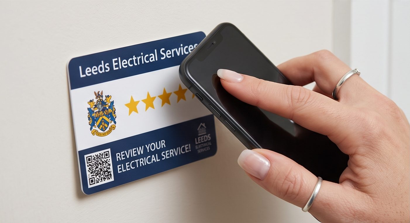 Close-up of a wall-mounted branded review card for an electrical services company being tapped with a phone