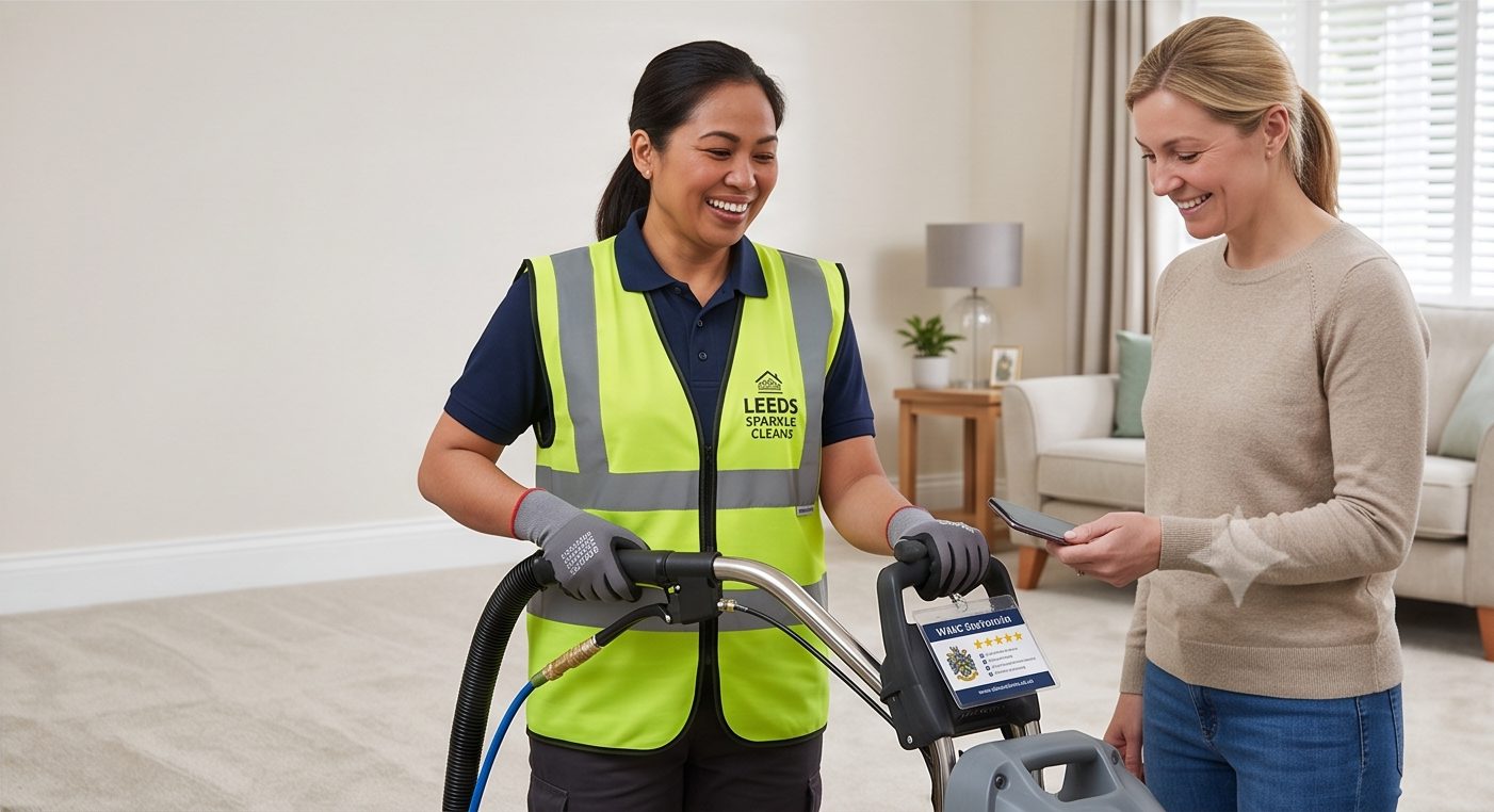 Cleaning technician with equipment handing a review card to a customer in a domestic living room