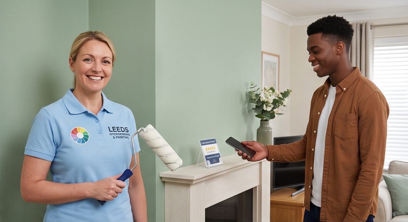 Decorator handing a branded tap-to-review card to a customer in a freshly painted living room