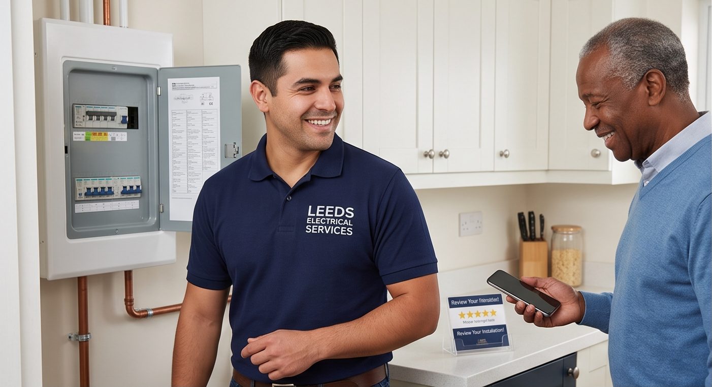 Electrician showing a customer a branded ReviewCue tap-to-review card beside a consumer unit