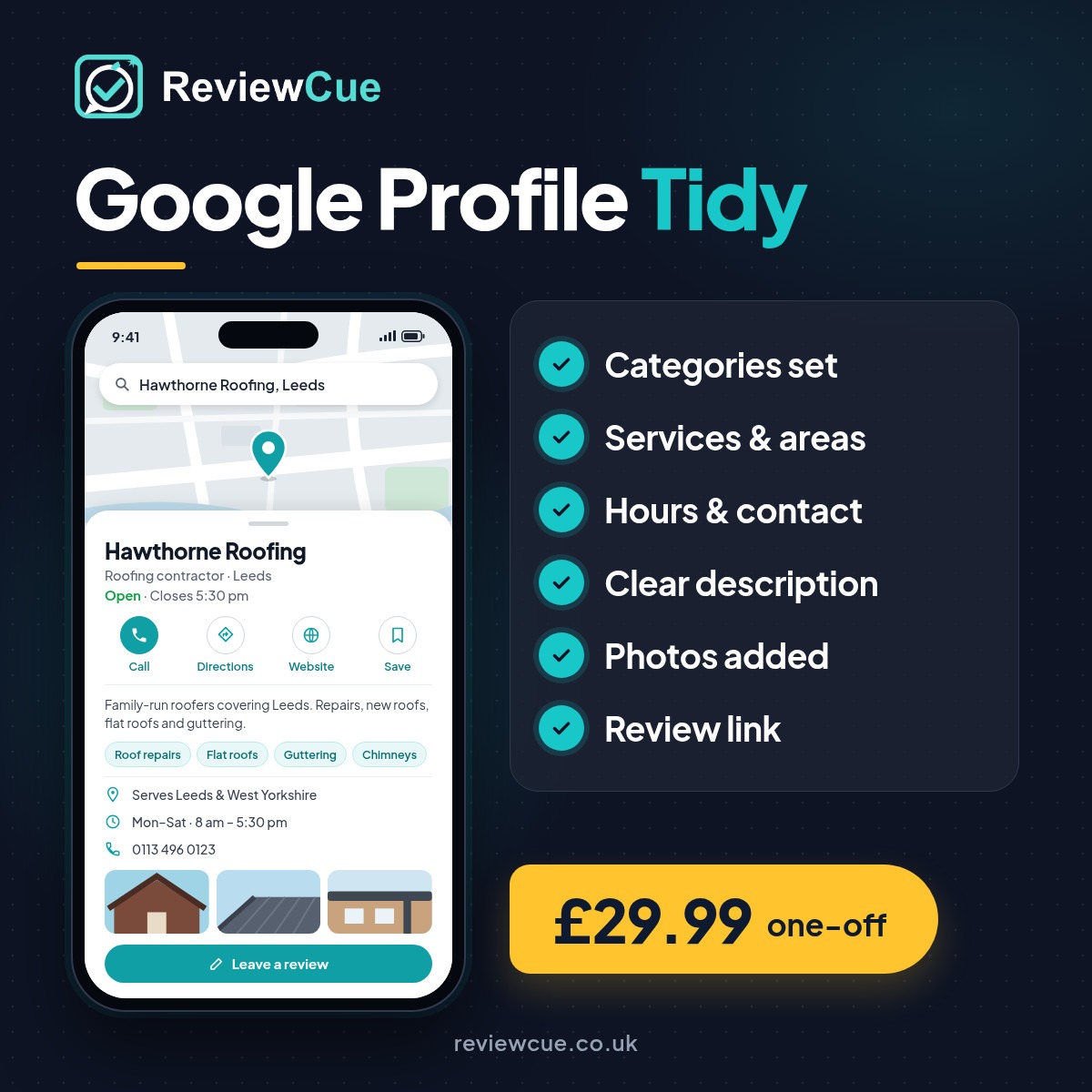 Google Business Profile Tidy from ReviewCue: £29.99 one-off profile clean-up
