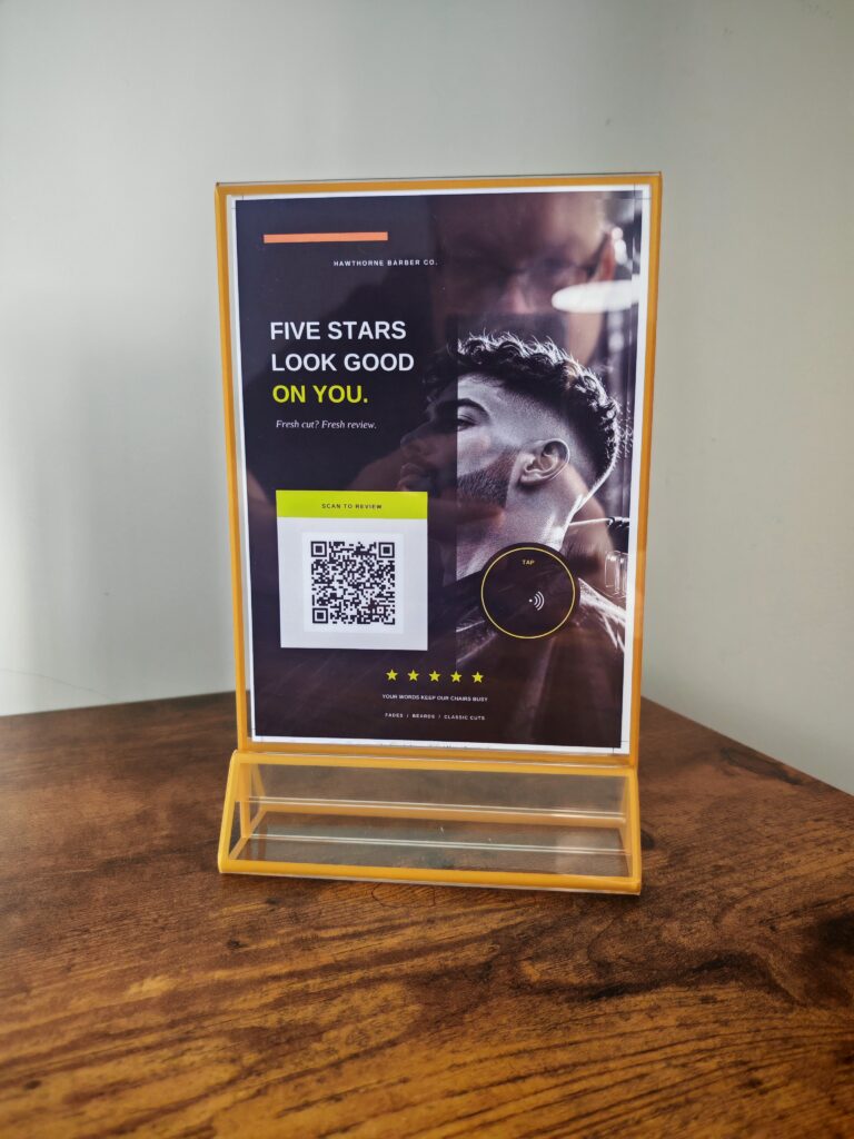 A4 branded NFC and QR Google review stand for a car dealership