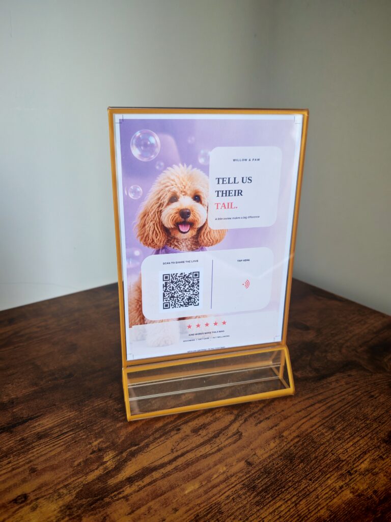 A5 and A4 branded NFC Google review stands side by side