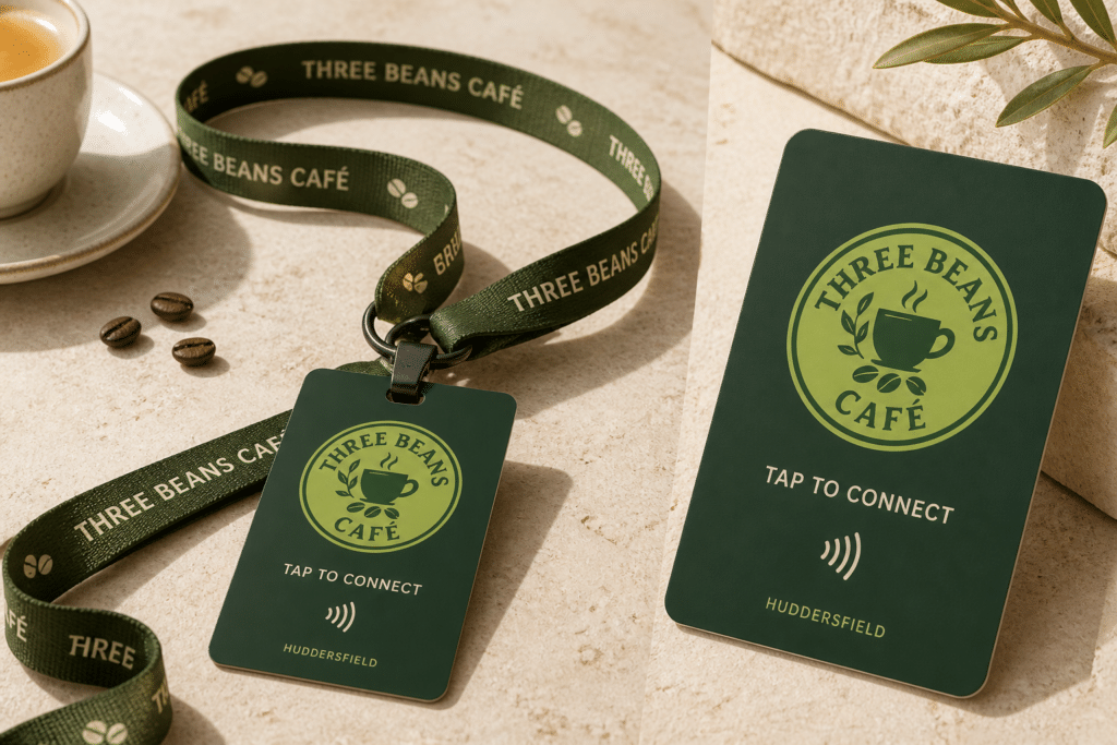 Three Beans Café branded NFC lanyard card